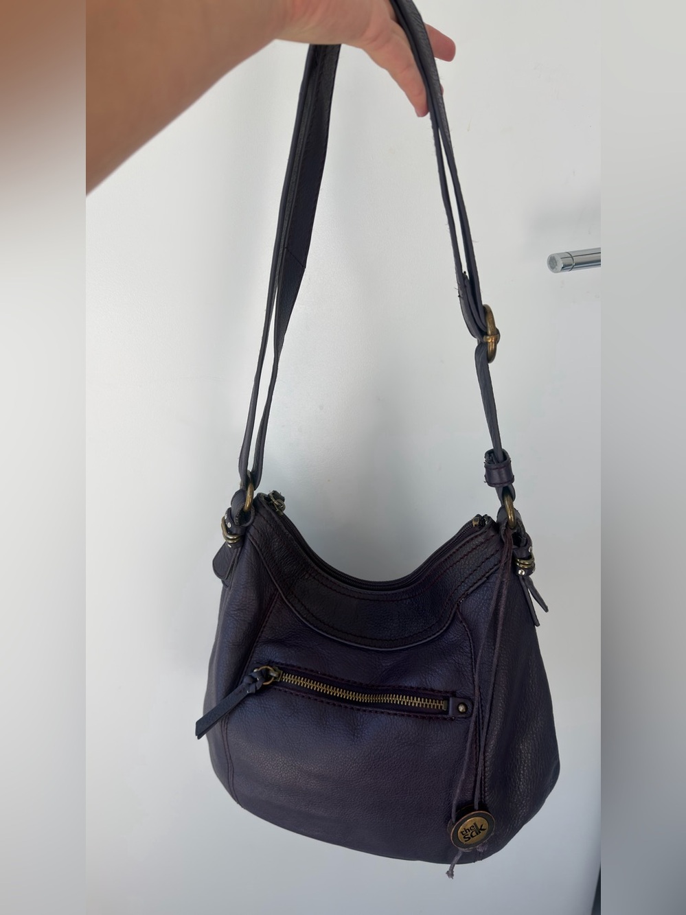 The Sak Deep Plum Leather Shoulder Bag with Brass Accents